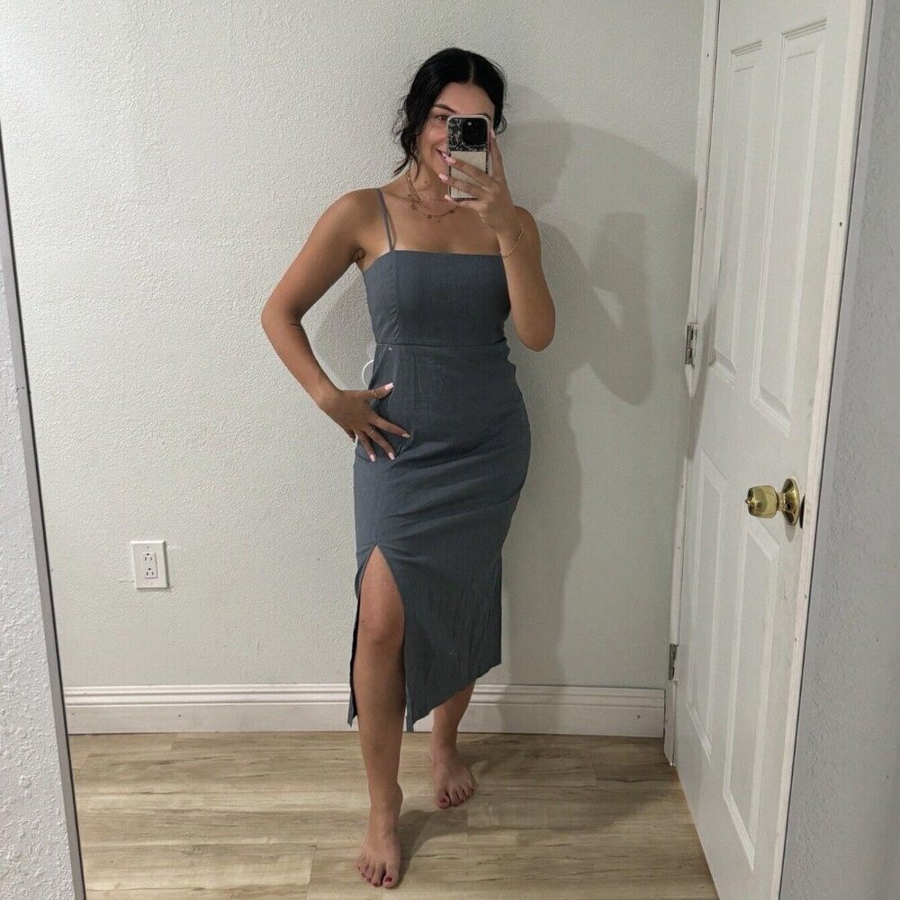 Theory Dress Womens Size 4 Blue Gray Sleeveless Slit Bodycon Spaghetti Straps